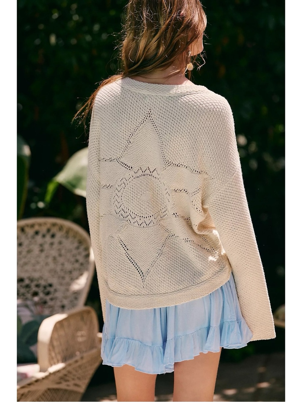 Free People Retro 70s Oversized Sunburst Crochet Pullover Sweater Sand XS NWT
